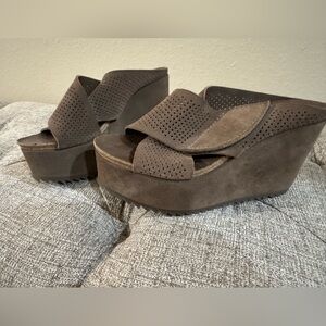 Pedro Garcia Brown Perforated Suede Platform Wedge Sandals